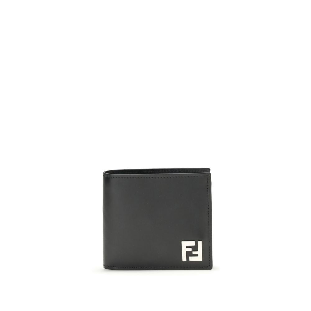Black leather men's wallet with silver FF logo on front corner