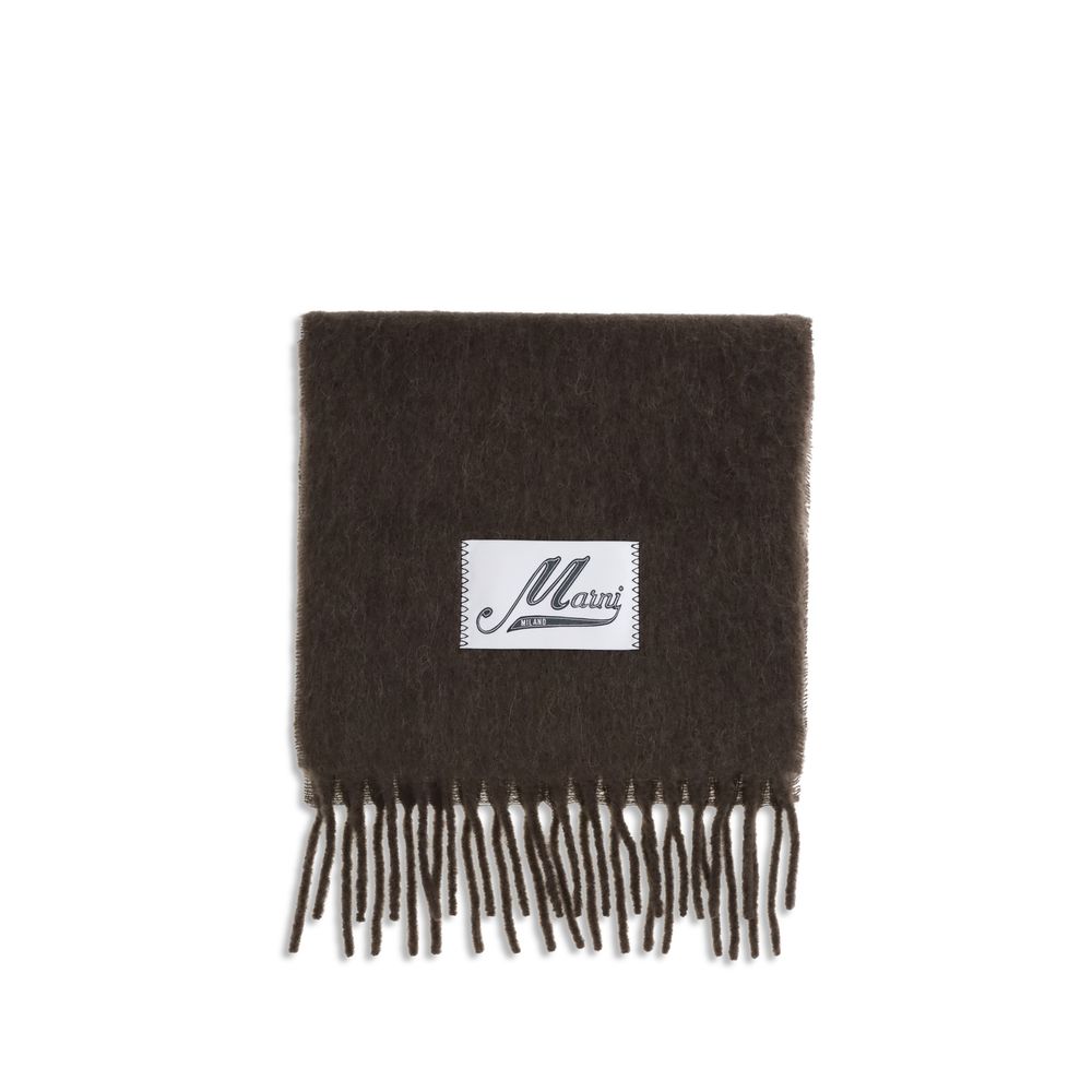 Dark brown fringed wool scarf with a white Maini Milano label stitched on front