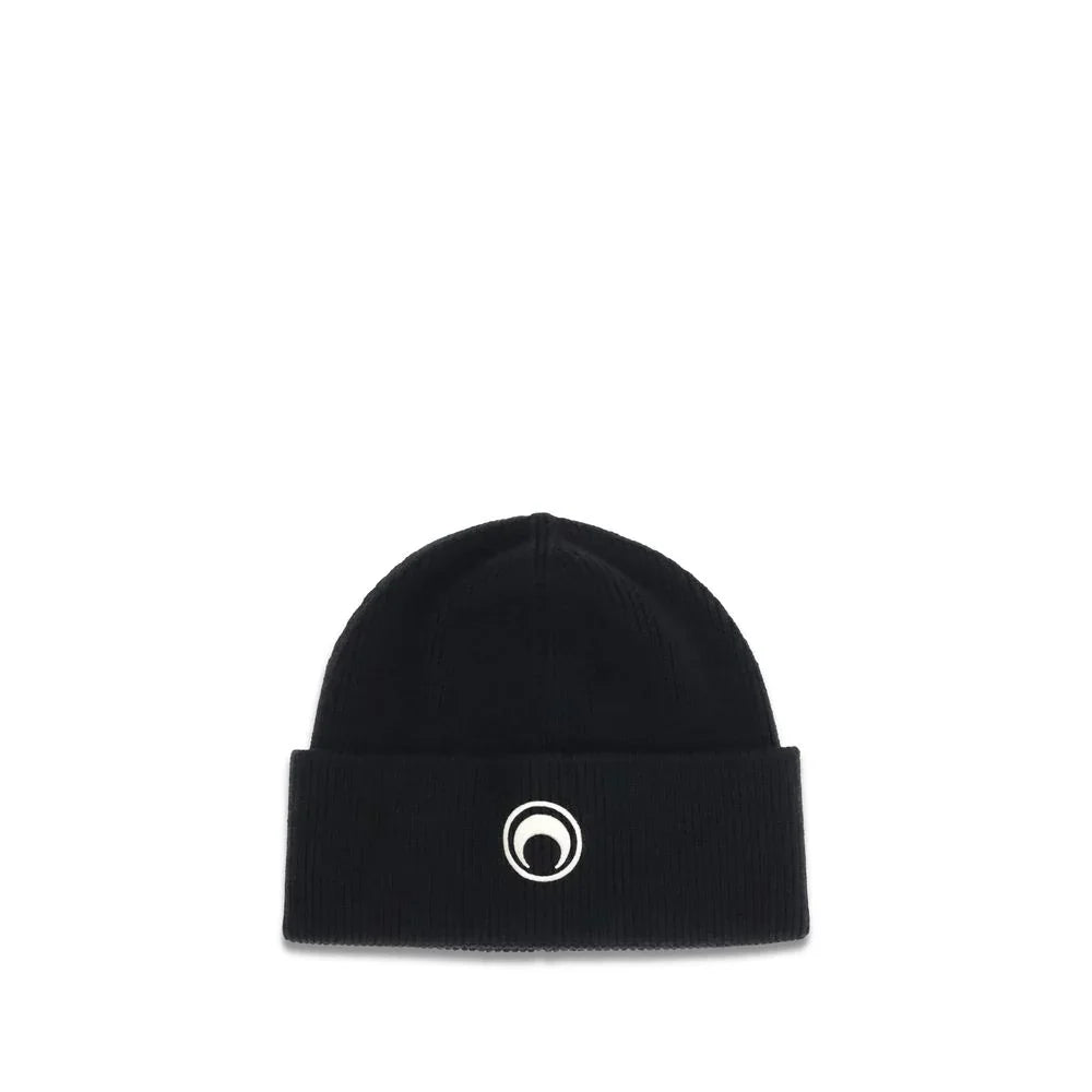 Black knit beanie with folded cuff featuring a white circular logo on front