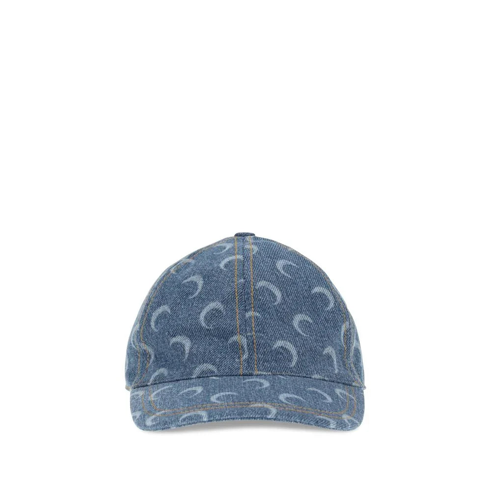Denim baseball cap with light-colored crescent moon pattern and orange stitching