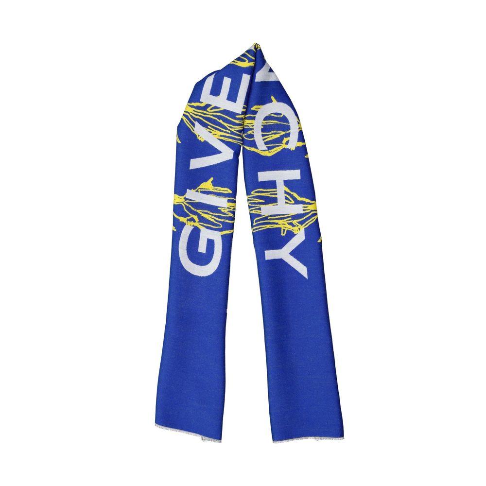 Blue woven fabric with large white letters GI and yellow abstract figure design