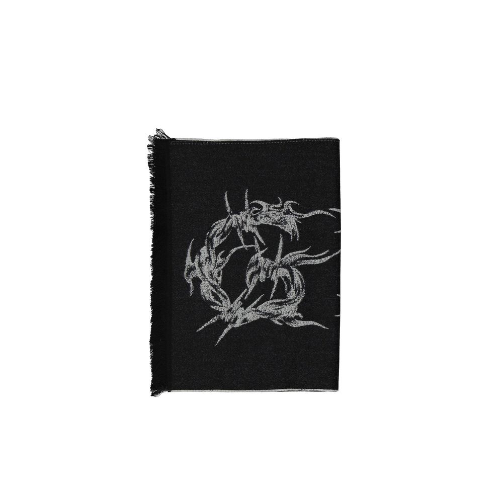 Black scarf with gray abstract thorn crown design and fringed edges