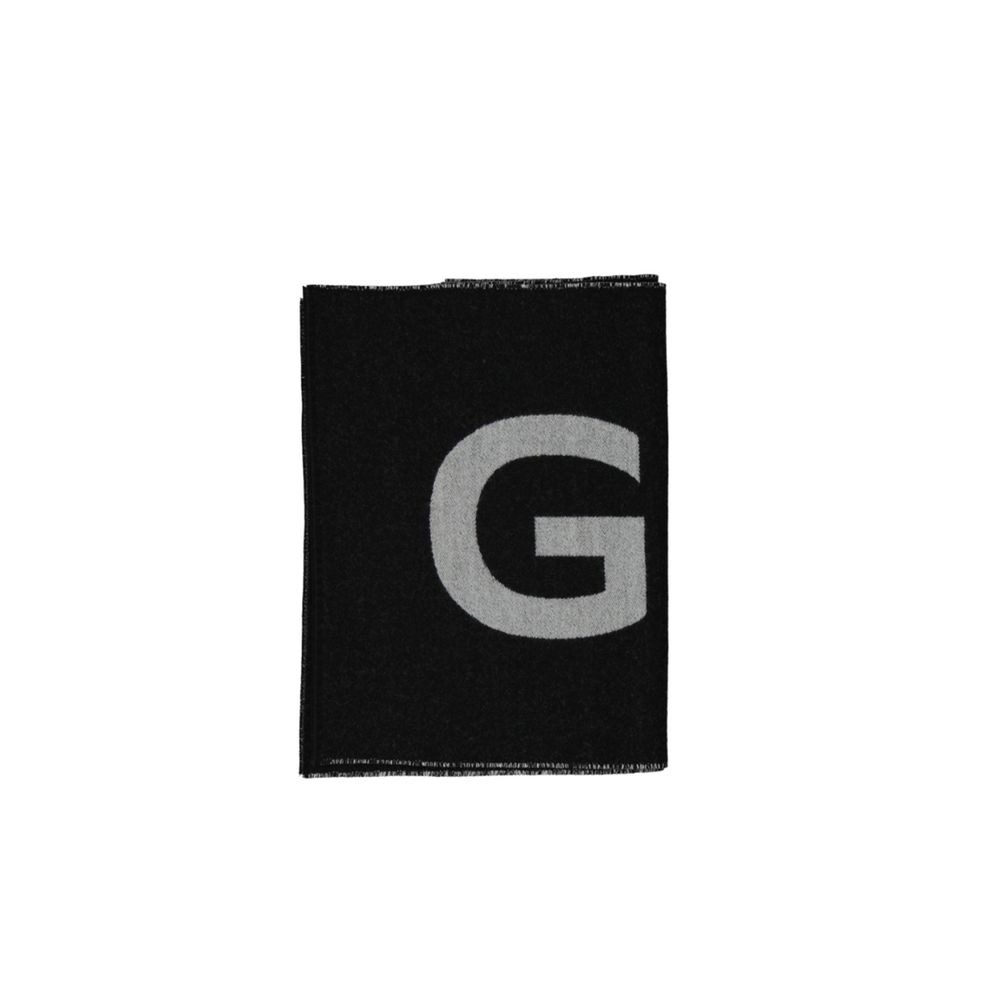 Black folded scarf with large gray letter G on white background
