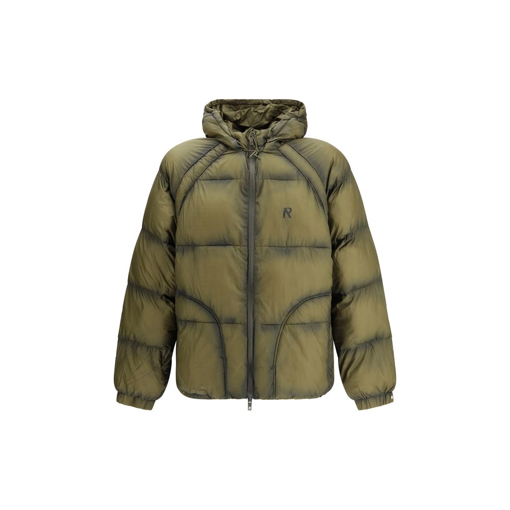 Olive green puffer jacket with hood and front zipper, black logo on chest