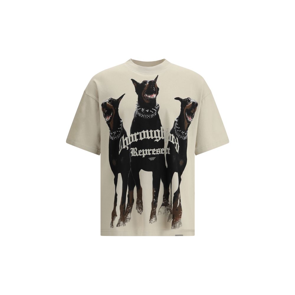 Beige t-shirt with three Doberman dogs graphic and Gothic text 'Thoroughly Represent'