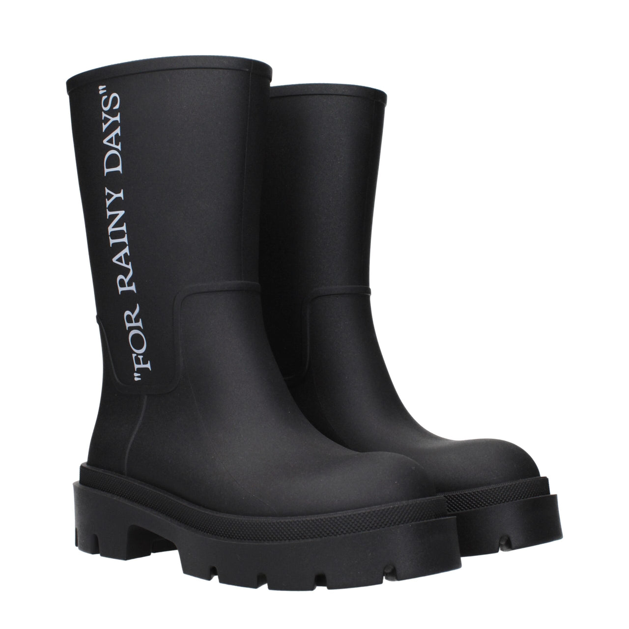 Black rubber rain boot with chunky sole and vertical text "FOR RAINY DAYS"