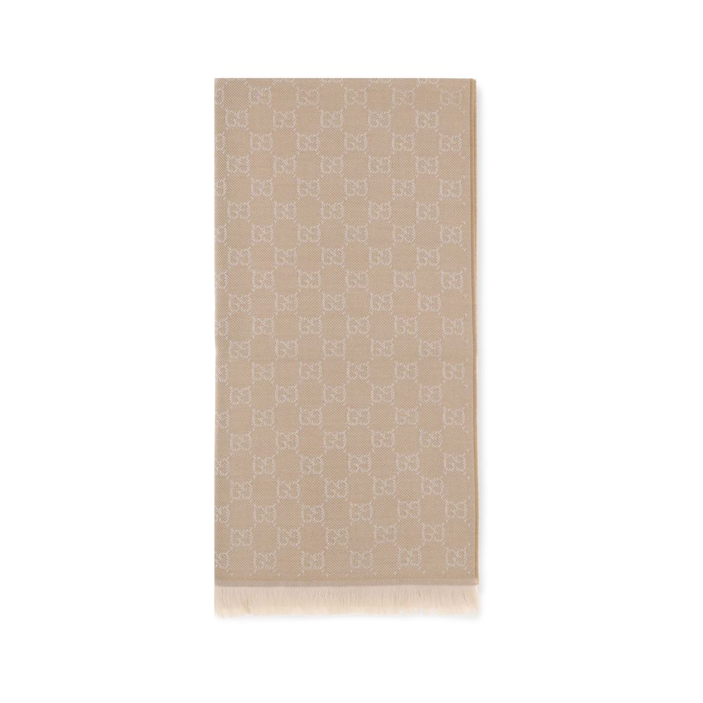 Beige checkered scarf with interlocking double-G pattern and fringed edges