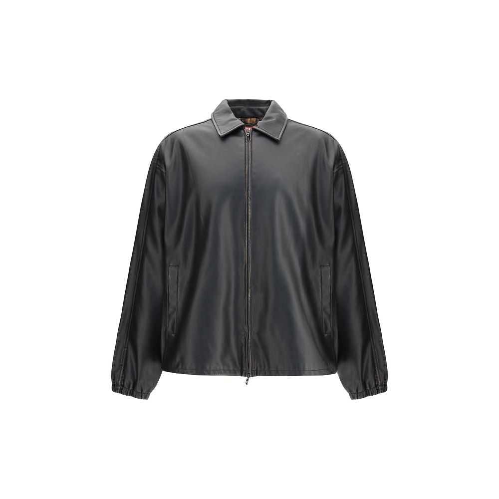 Black leather zip-up jacket with collar and side pockets on white background