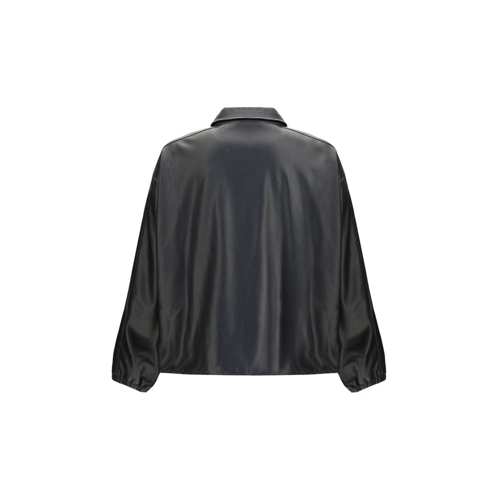 Black leather zip-up jacket with collar and side pockets on white background