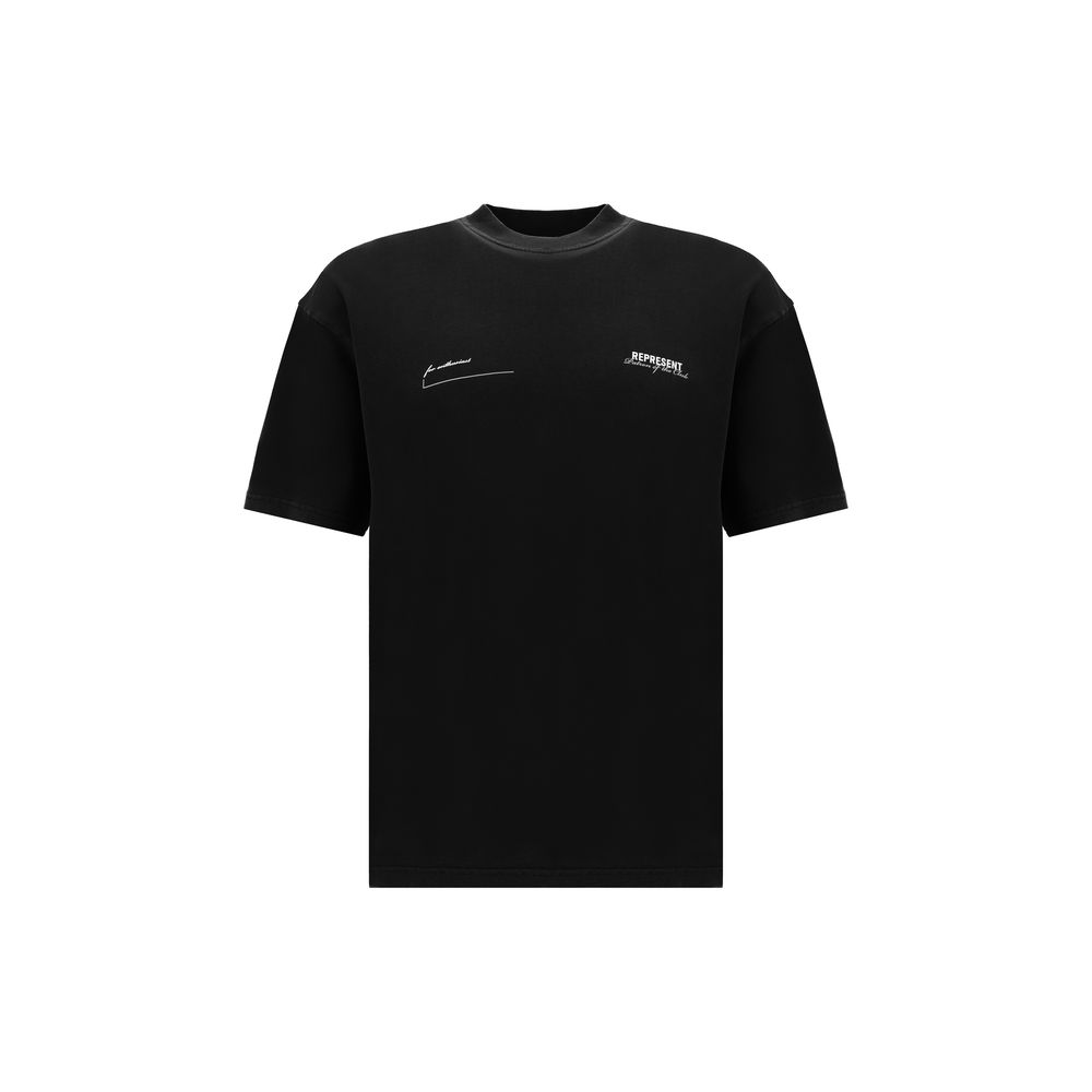 Black short-sleeve t-shirt with white text graphics on chest area