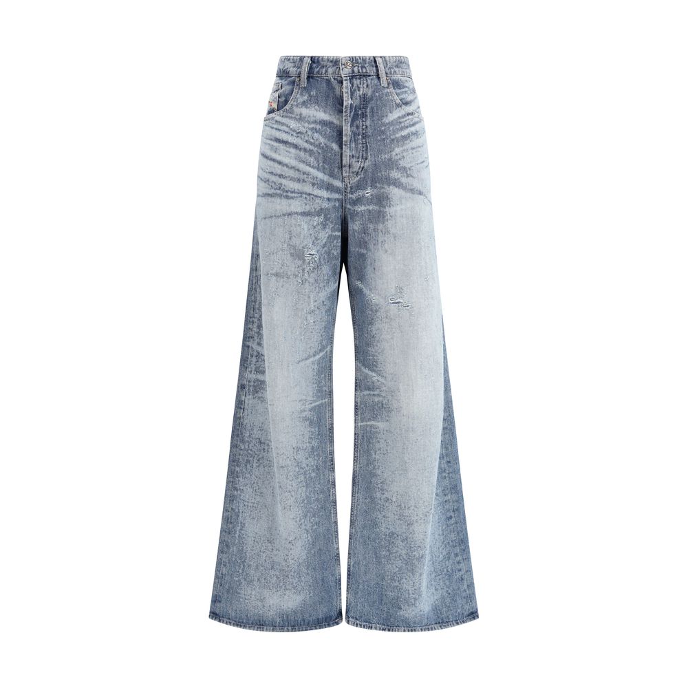 Wide-leg light wash denim jeans with distressed details and high waist