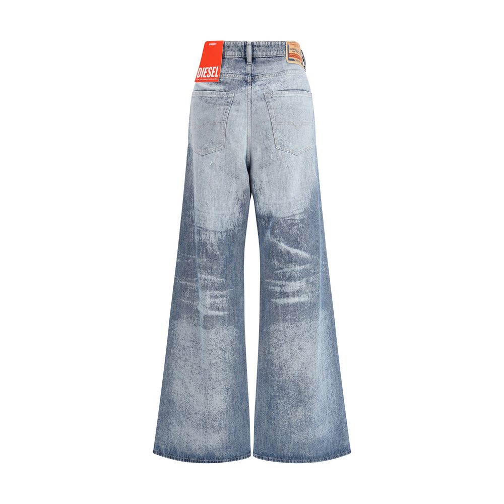 Wide-leg light wash denim jeans with distressed details and high waist