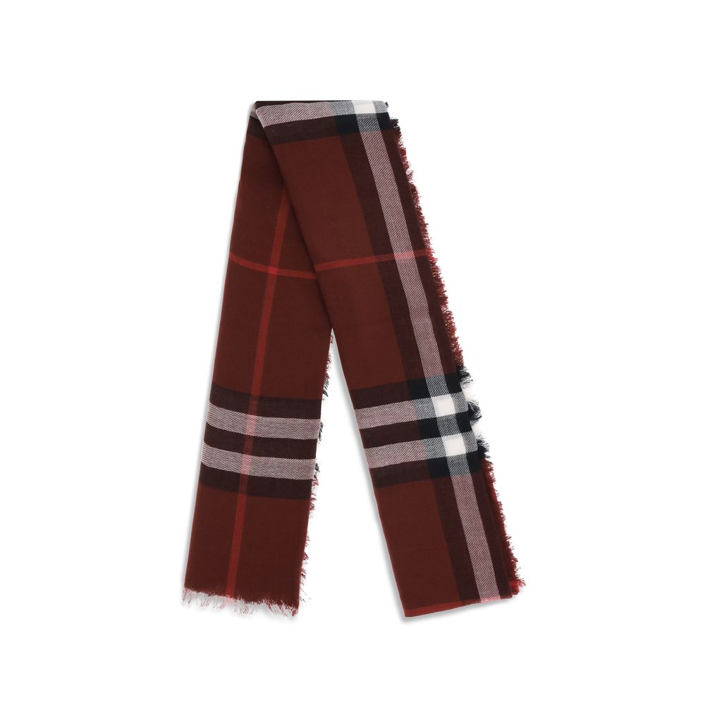 Folded brown plaid scarf with black, white, and red stripes on white background