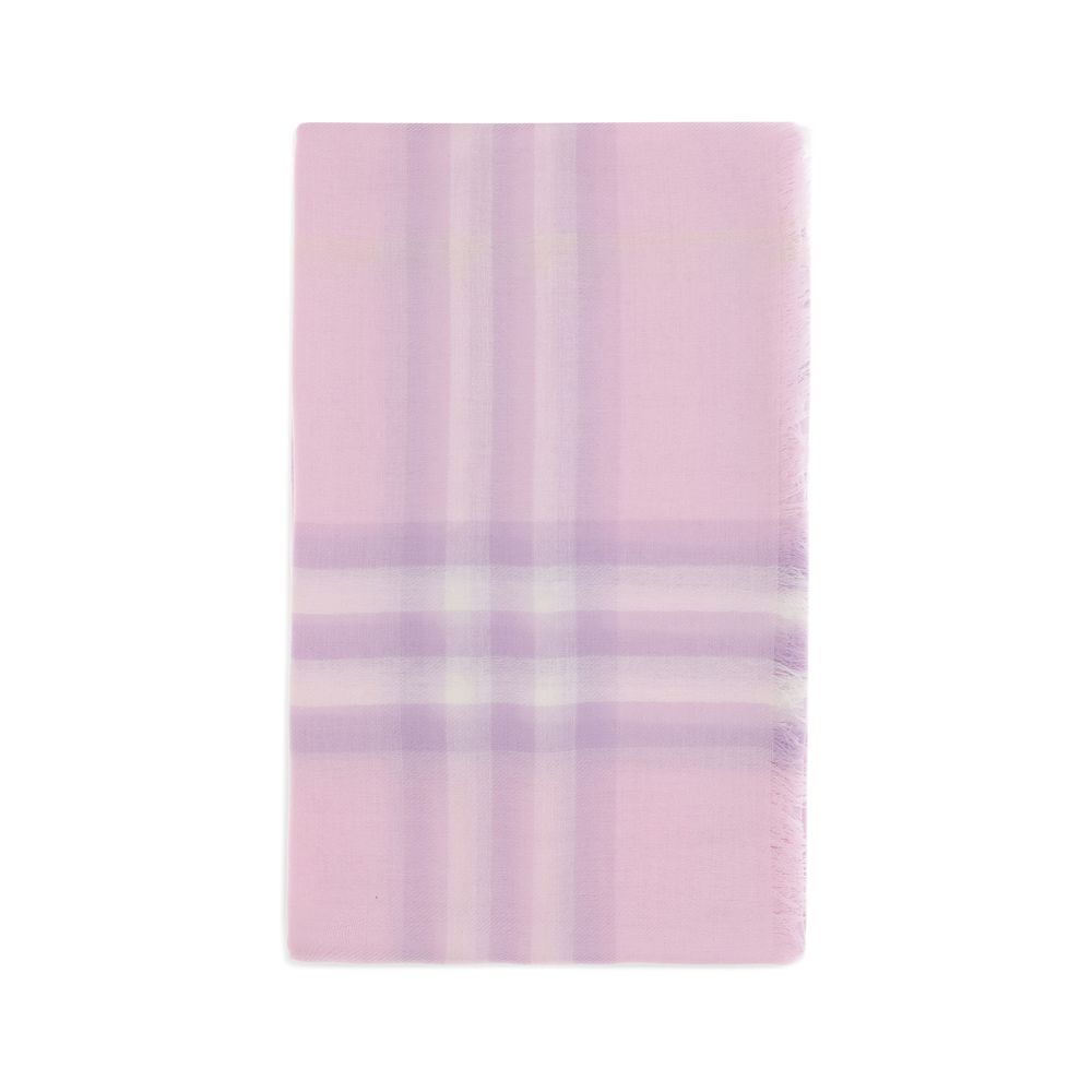 Soft pink plaid scarf with light purple and white stripes and fringed edges
