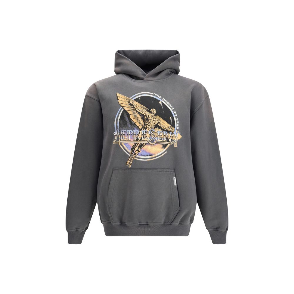 Charcoal gray hoodie with golden winged figure and text graphics on front, kangaroo pocket