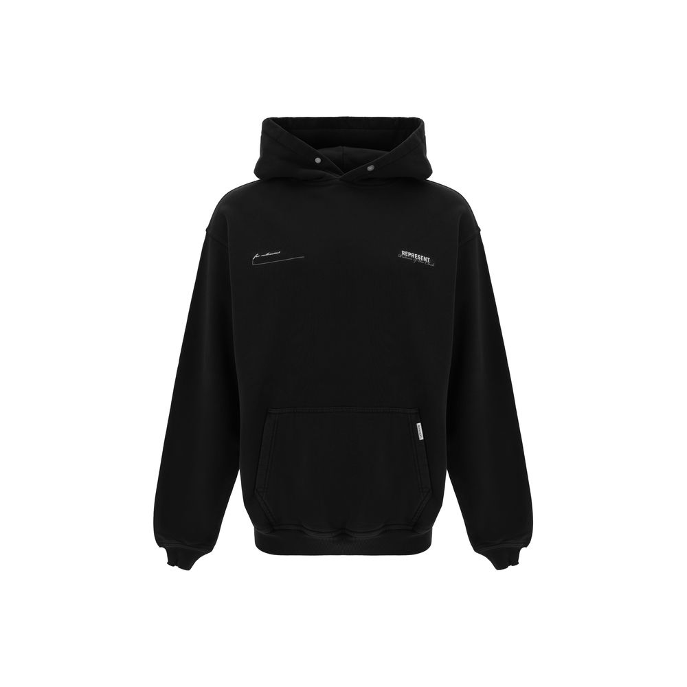 Black pullover hoodie with front pocket and small white text logo on chest