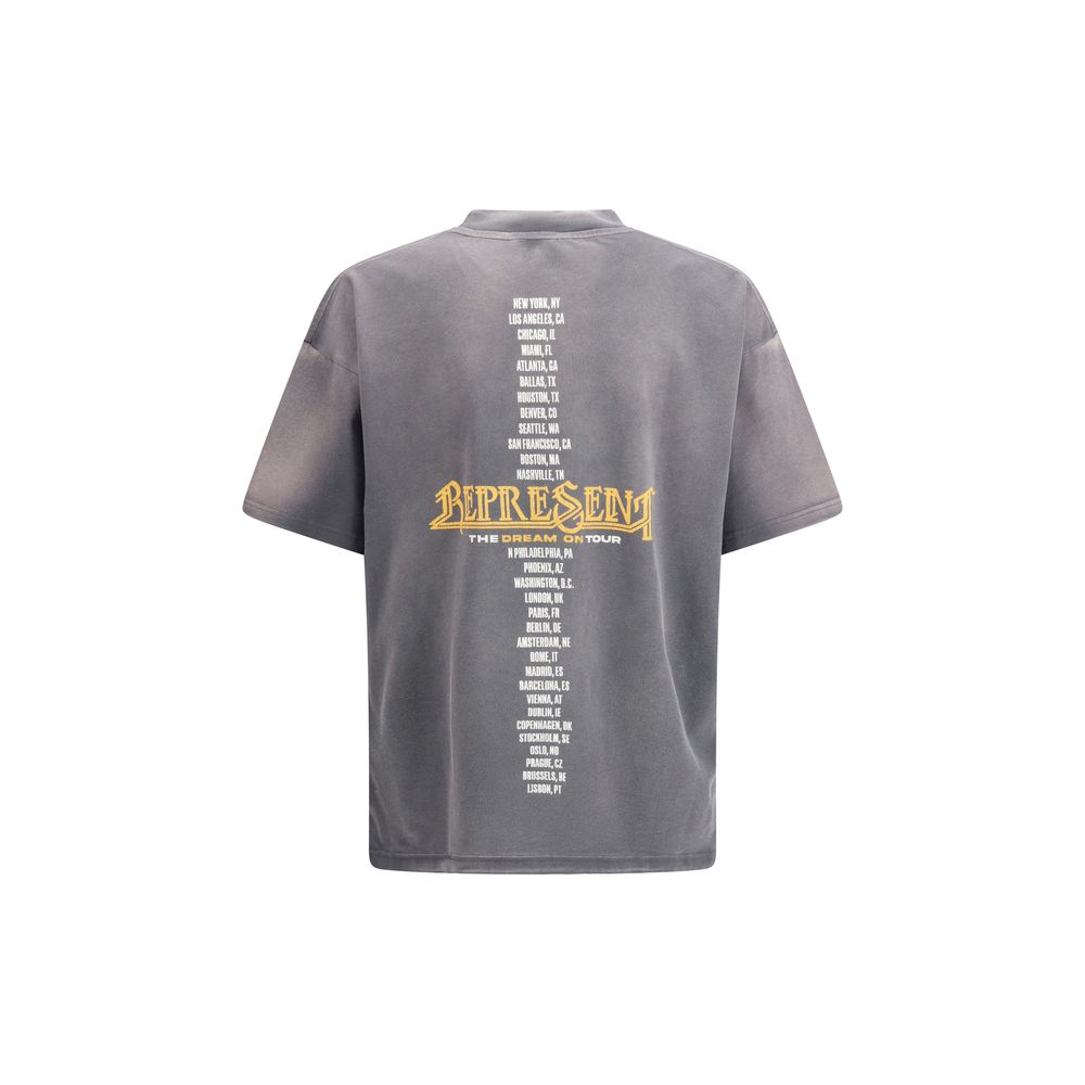 Gray oversized T-shirt with golden flying statue graphic and circular space background