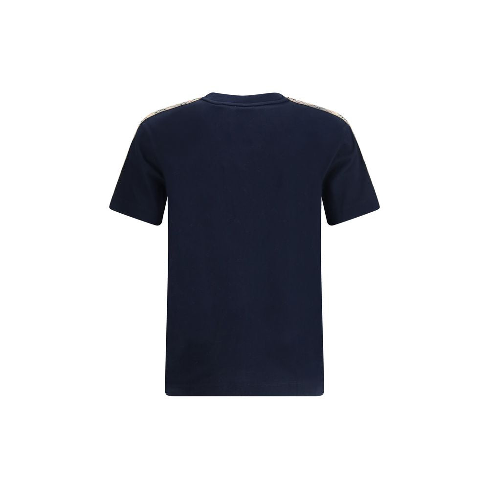 Navy blue Burberry t-shirt with beige check stripe detail on shoulders and short sleeves