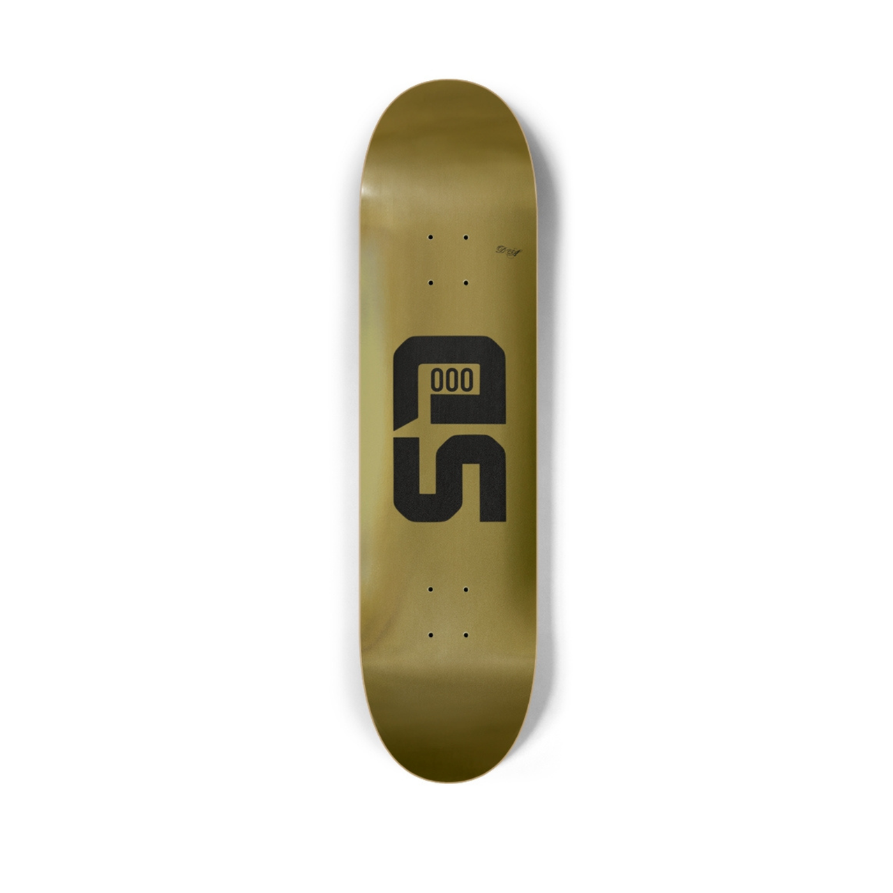 Olive green skateboard deck with black stylized numbers and small text on white background