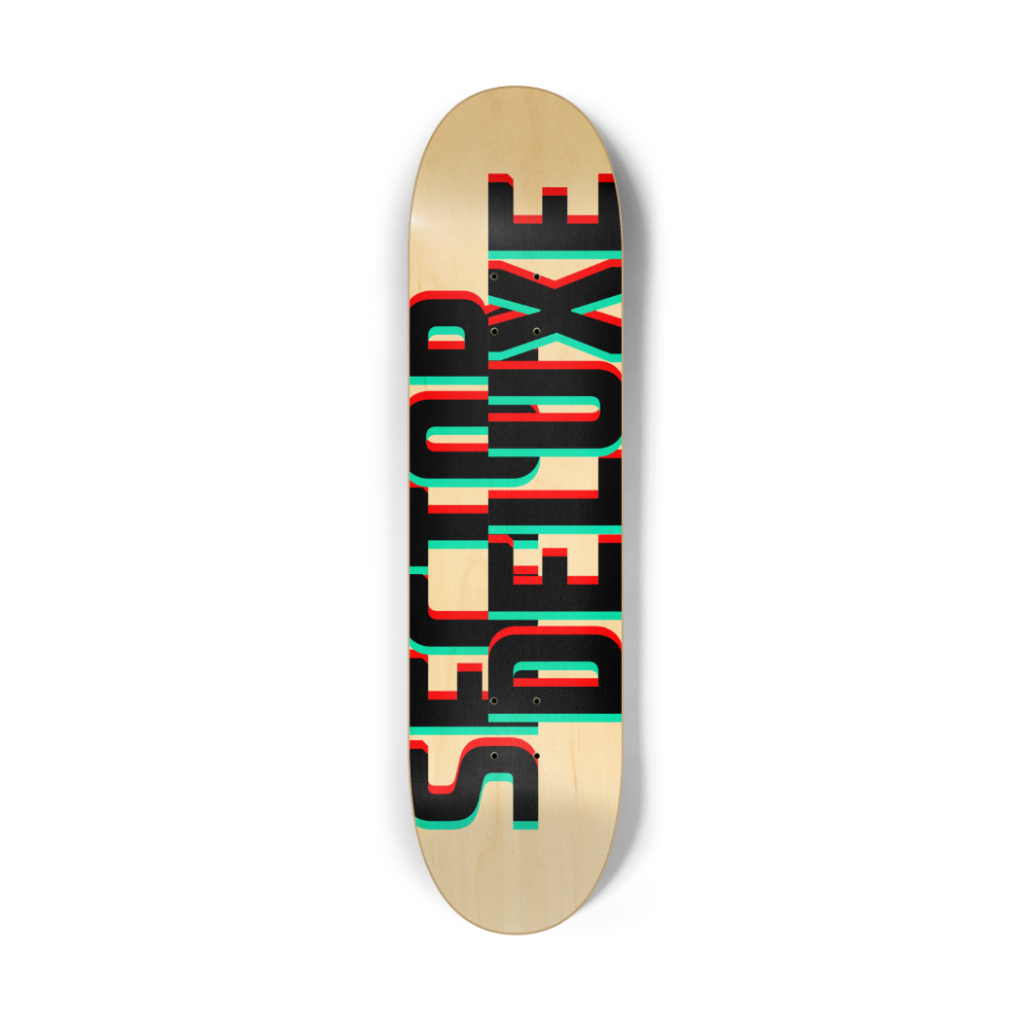 Sector Deluxe wooden skateboard deck with bold stylized black and red logo text