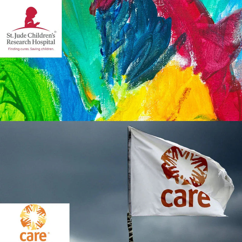 St. Jude Children's Research Hospital logo and Care organization flag against a colorful background and cloudy sky