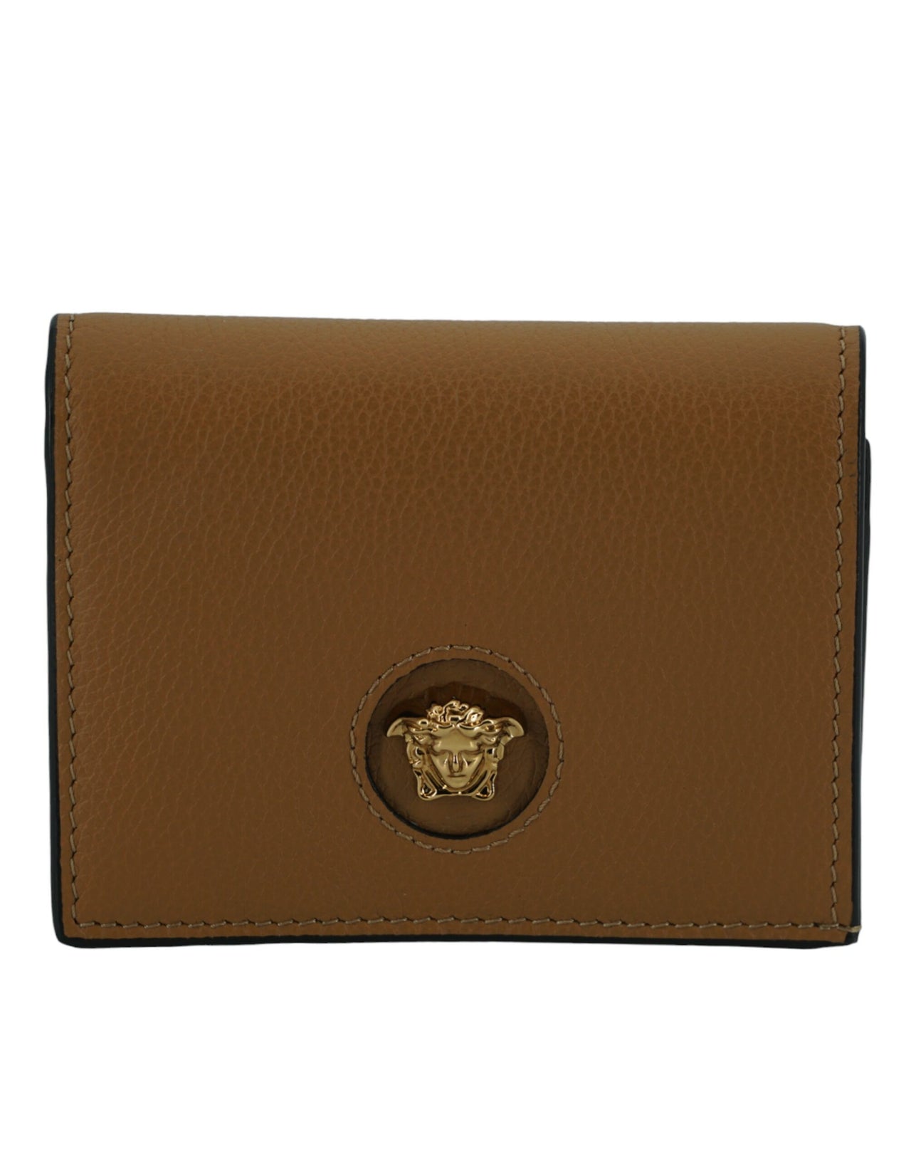 Brown leather wallet with gold Medusa logo emblem and black trim stitching