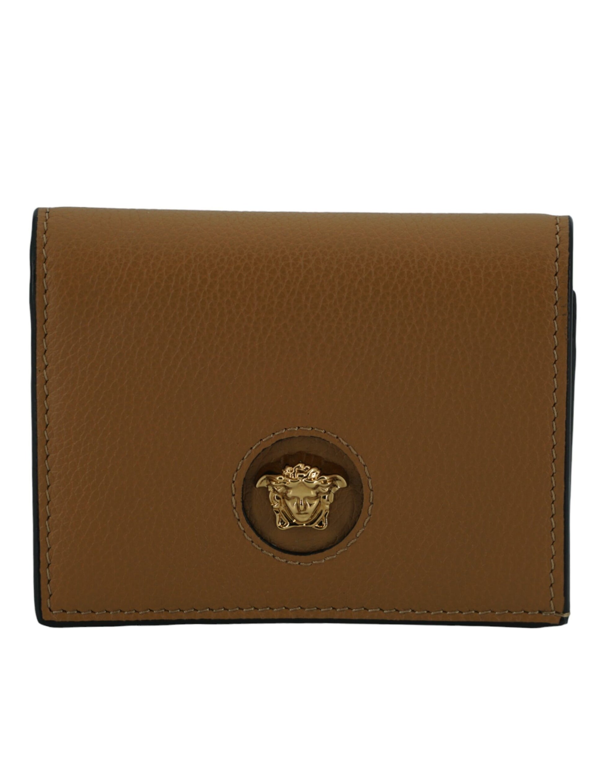 Brown leather wallet with gold Medusa logo emblem and black trim stitching