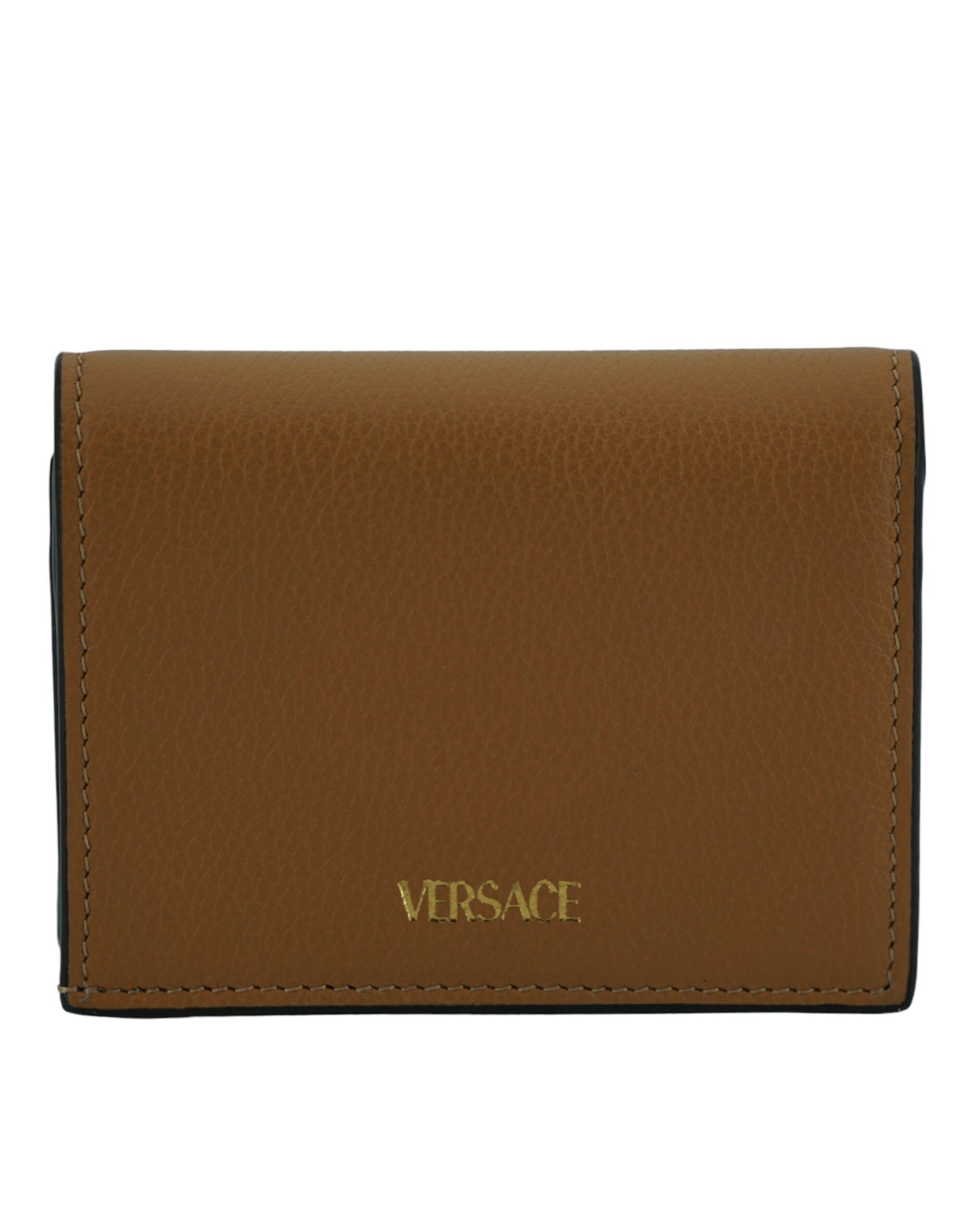 Brown leather Versace wallet with gold logo and textured finish