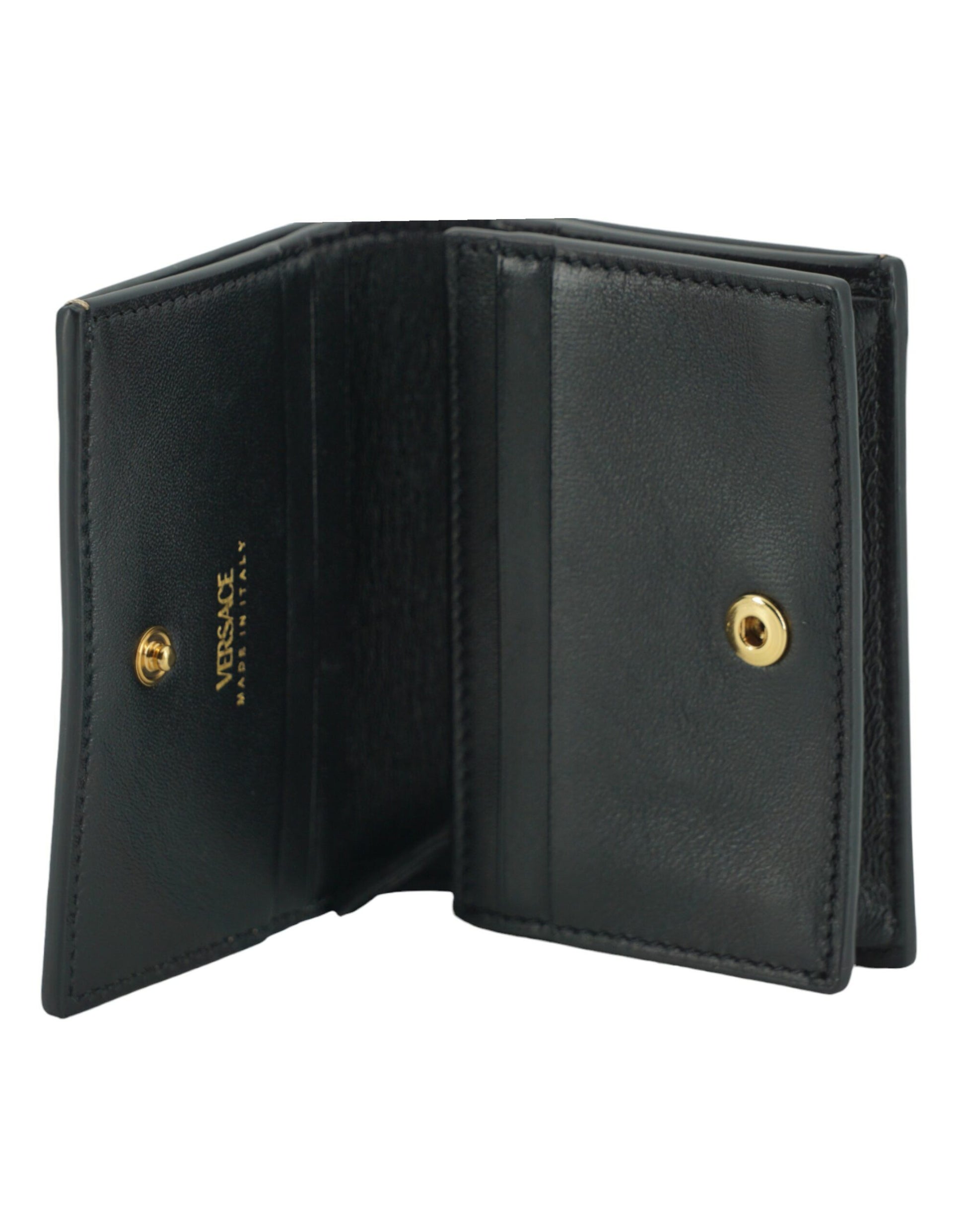 Open black Versace leather wallet with gold snap button and logo inside