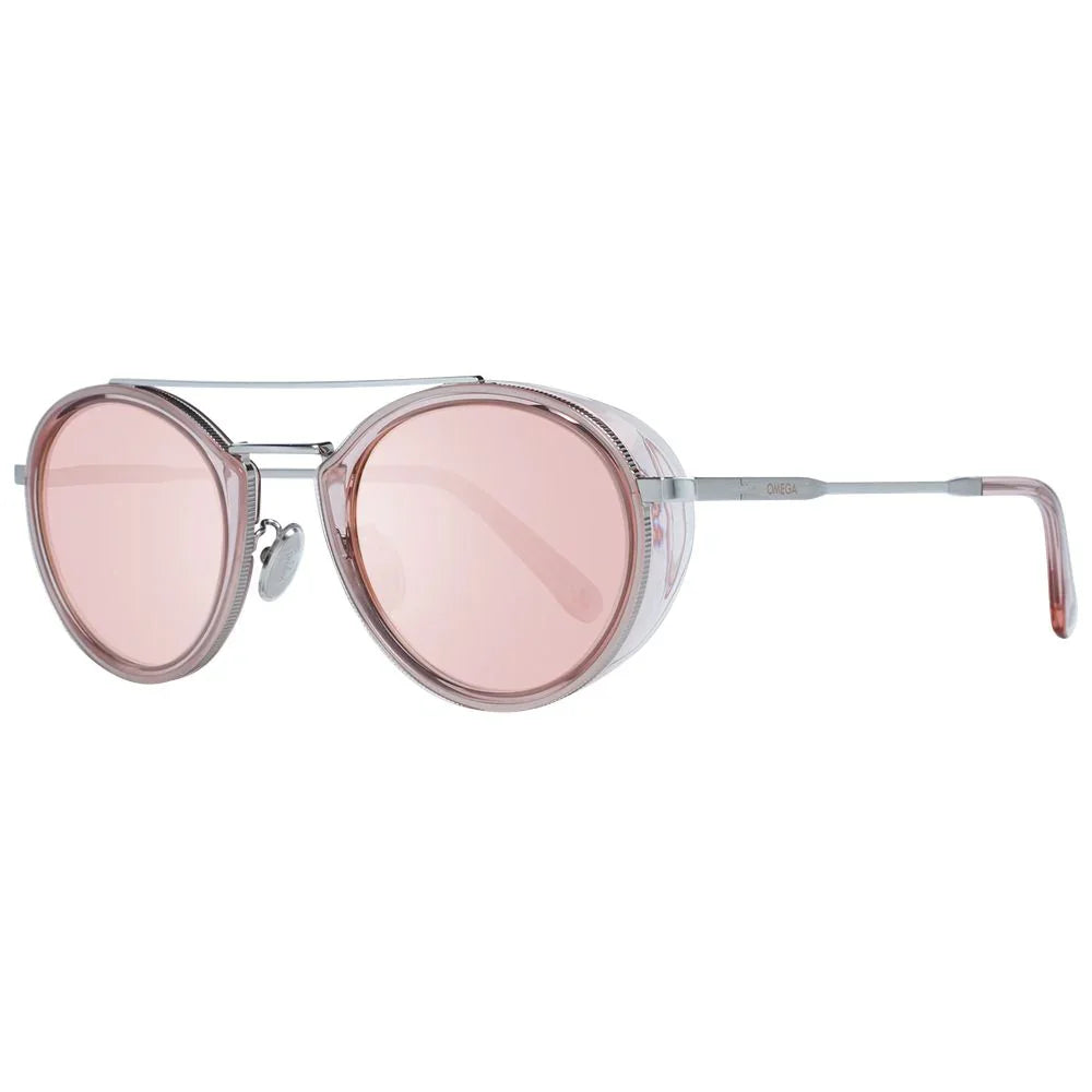 Round pink lens sunglasses with transparent frames and silver metal temples