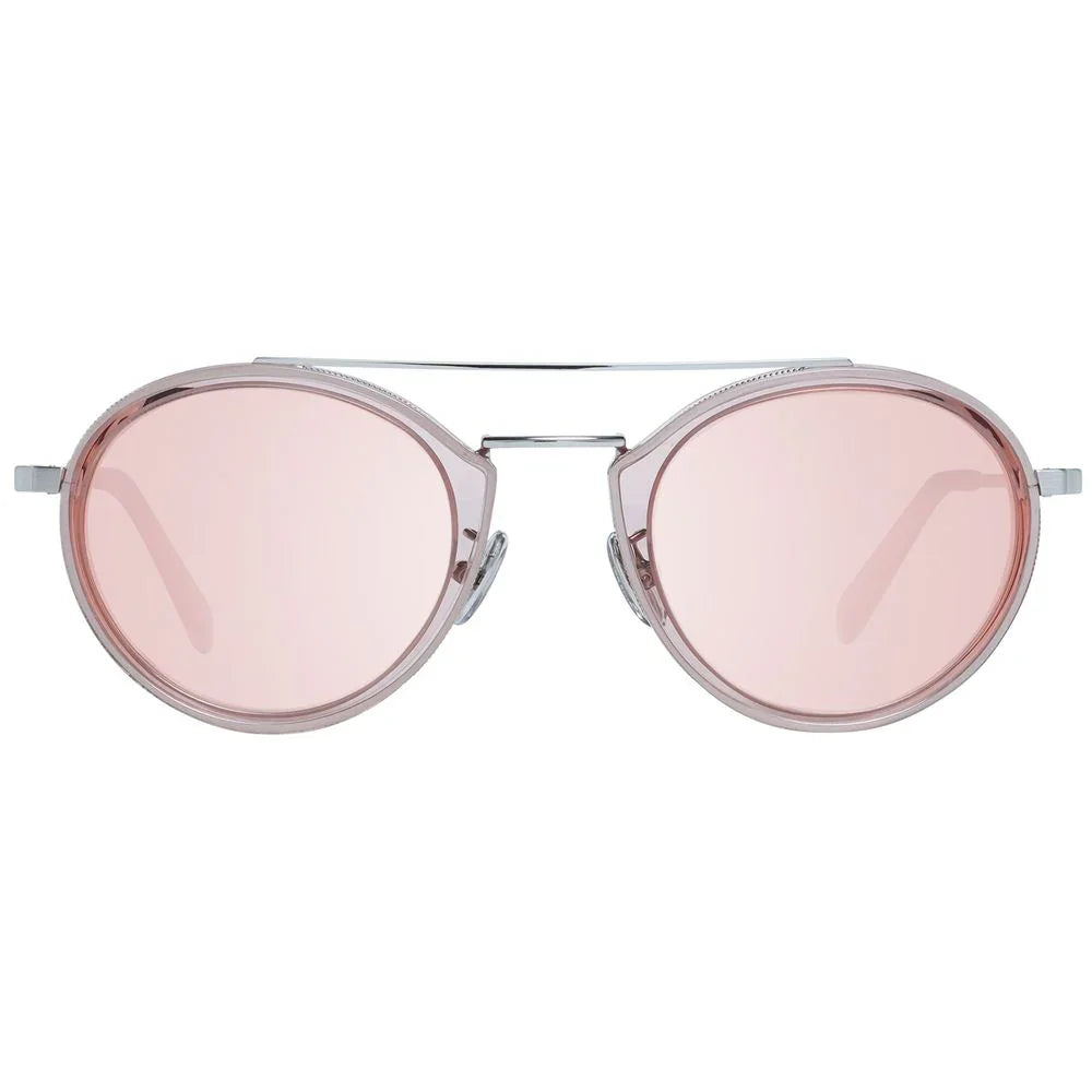 Pink round sunglasses with translucent frame and double silver bridge on white background