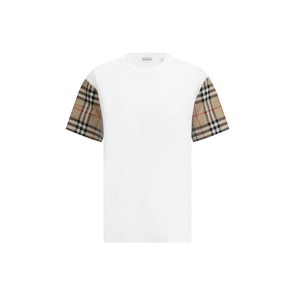 White t-shirt with classic beige Burberry check pattern on short sleeves