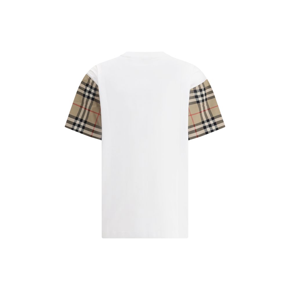 White t-shirt with classic beige plaid patterned sleeves on plain background