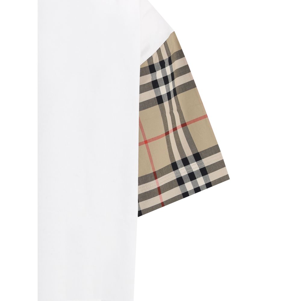 White shirt with beige, black, and red plaid pattern sleeve detail