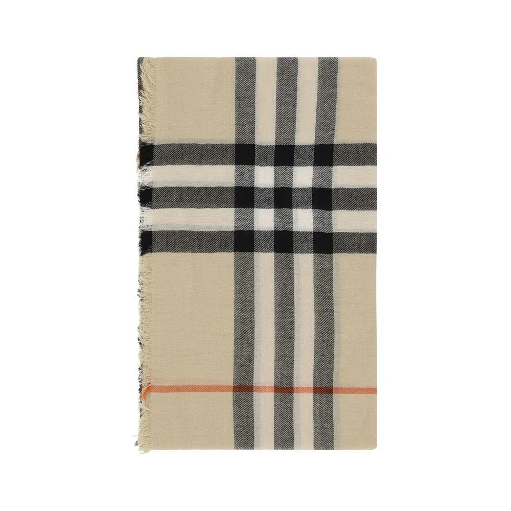 Beige scarf with classic black, white, and red plaid design and fringed edges