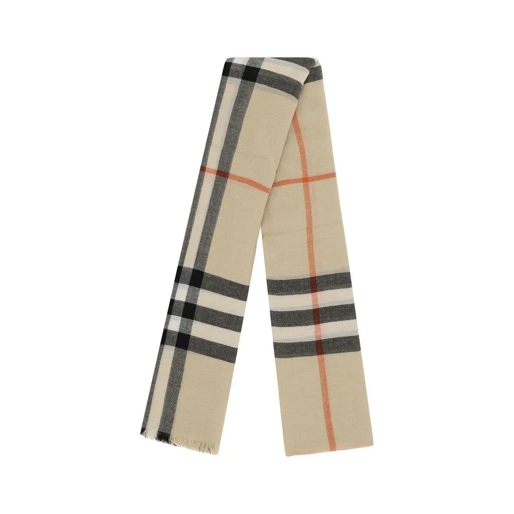 Beige scarf with classic black, white, and red plaid design and fringed edges