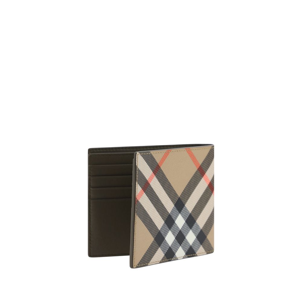 Open men's bifold wallet with classic beige plaid pattern and multiple card slots