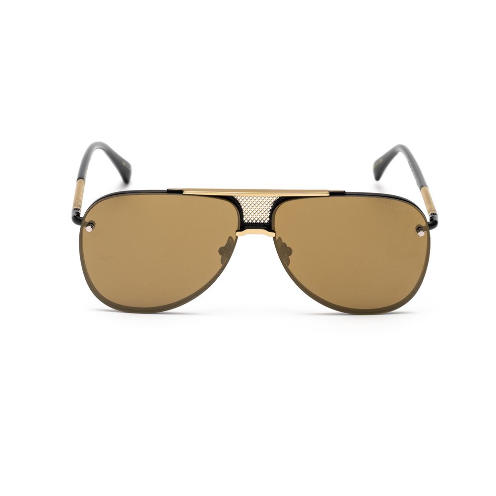 Modern aviator sunglasses with brown lenses and black and gold frame on white background