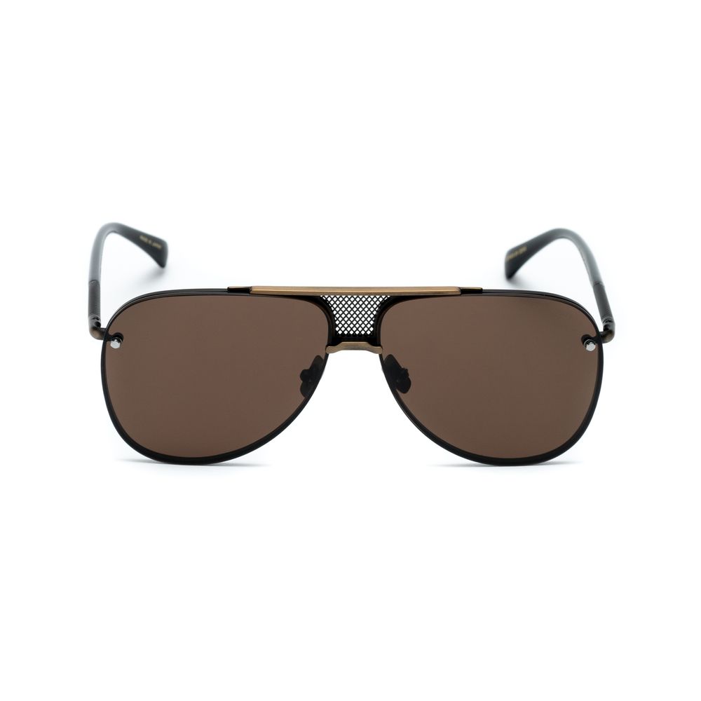 Front view of aviator sunglasses with black frame, brown lenses, and a perforated metal bridge