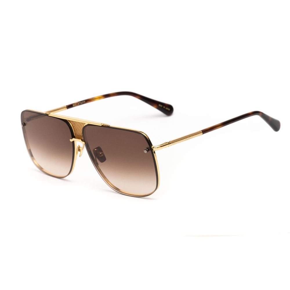 Gold frame sunglasses with brown gradient lenses and tortoiseshell temple tips on white background