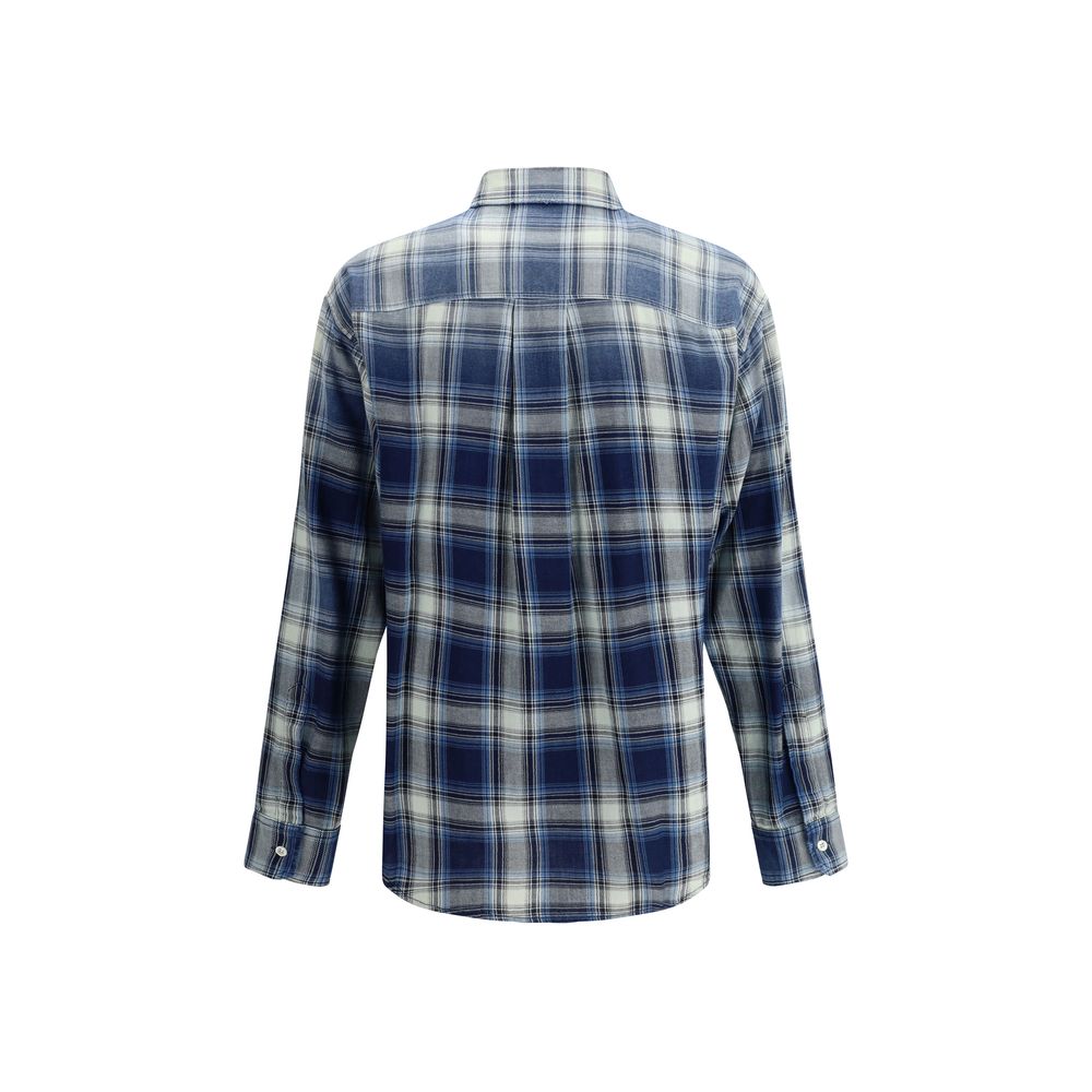 Blue and white plaid button-up long sleeve shirt with chest pockets