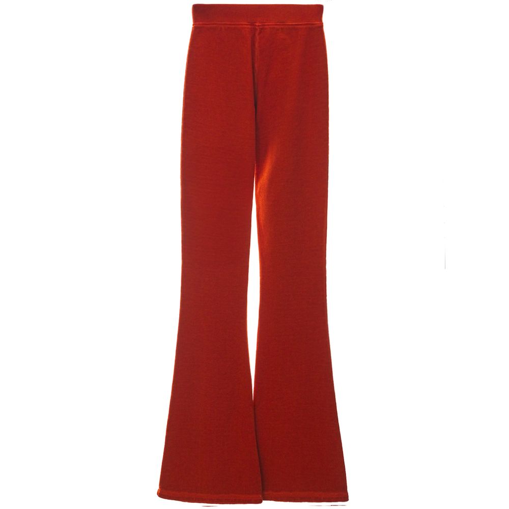 Rust red flare pants with wide legs and elastic waistband on white background