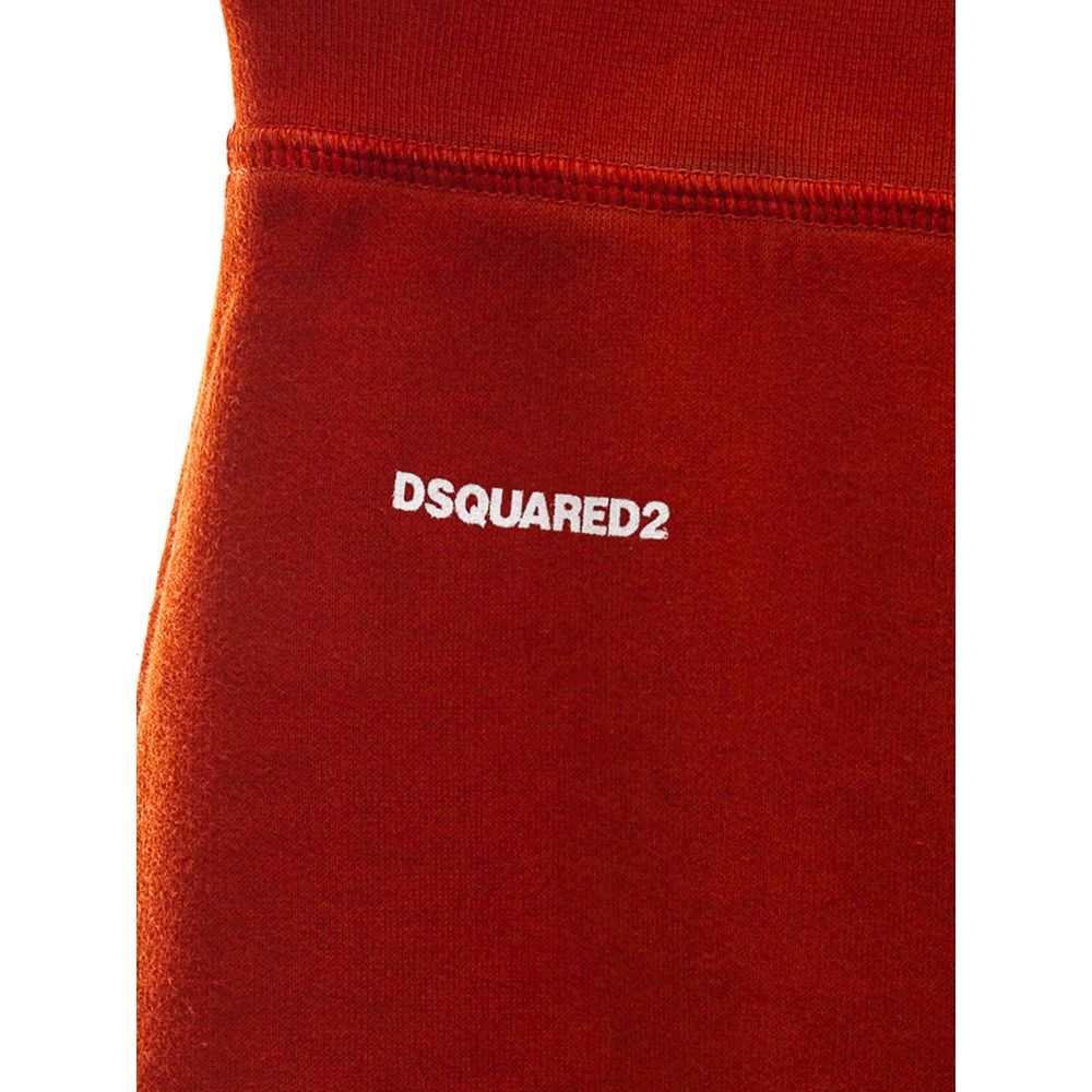 Close-up of red DSQUARED2 branded fabric with white logo stitching