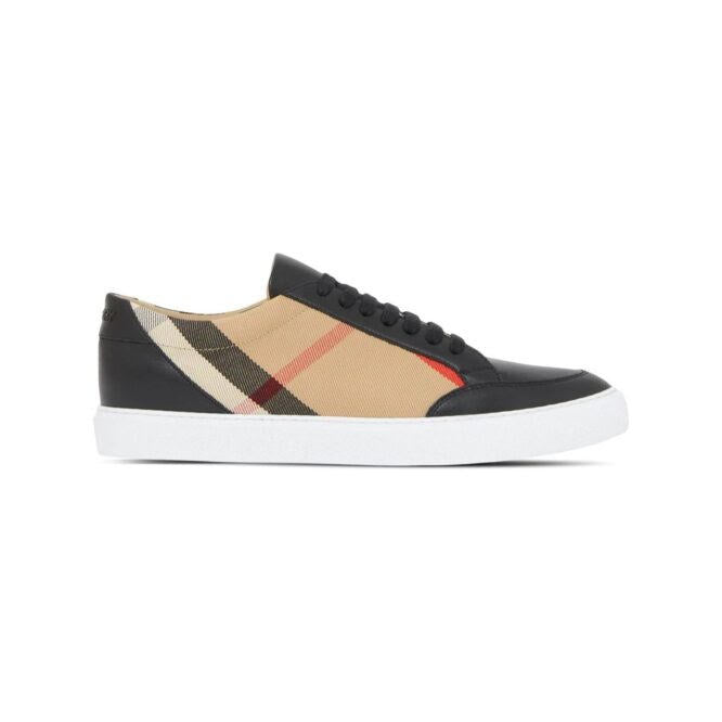 Low-top sneaker with Burberry check fabric and black leather trim on white sole