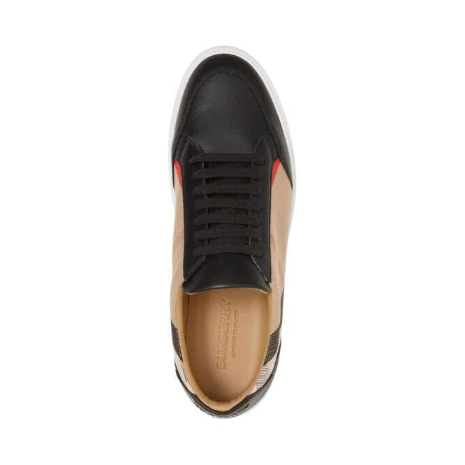 Top view of Burberry men's sneaker with black leather and beige check fabric