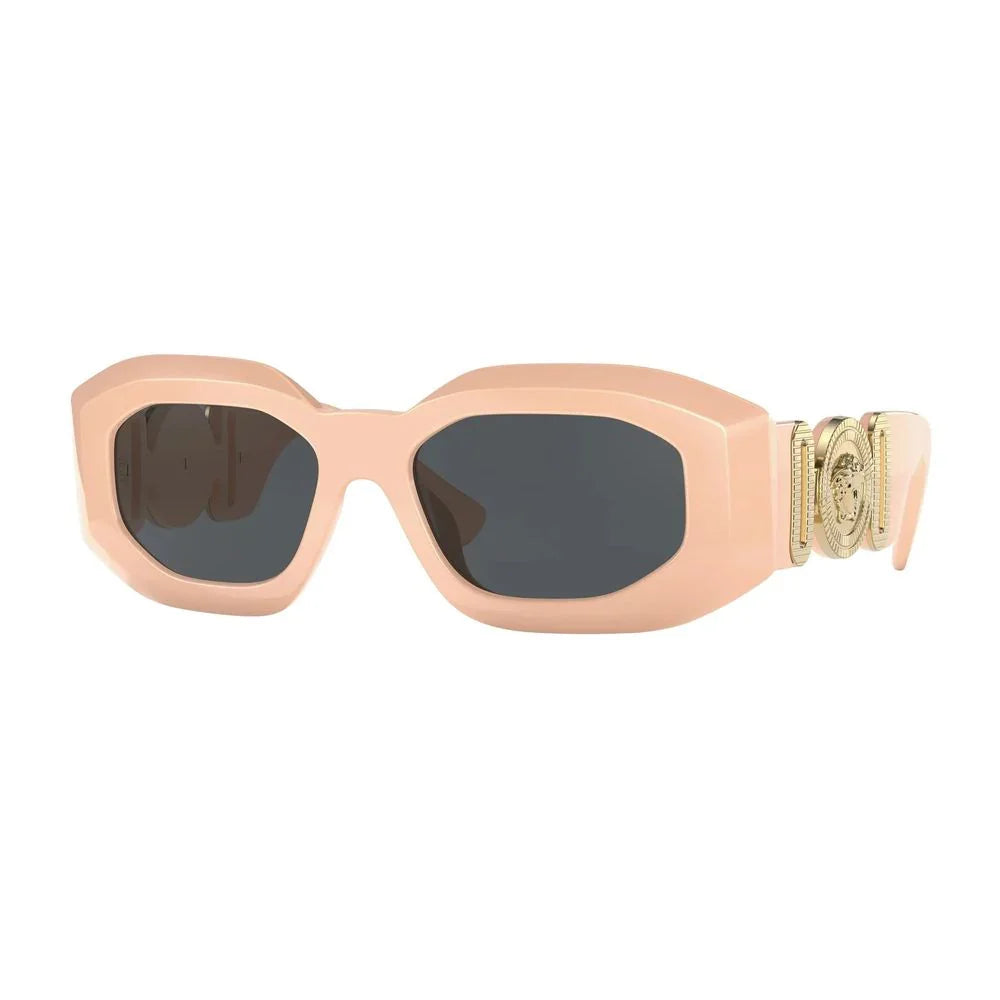 Rectangular beige sunglasses with dark lenses and gold Medusa emblem detail on temples