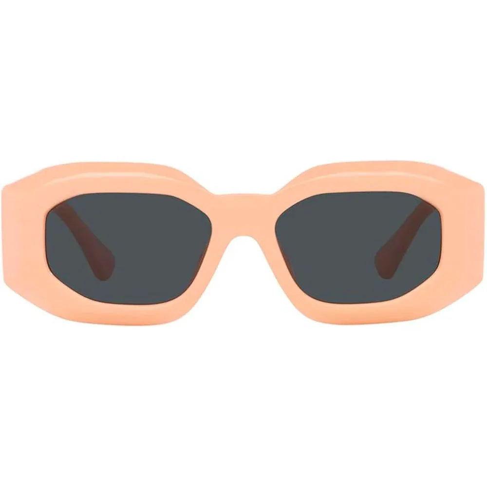 Rectangular beige sunglasses with dark lenses and gold Medusa emblem detail on temples