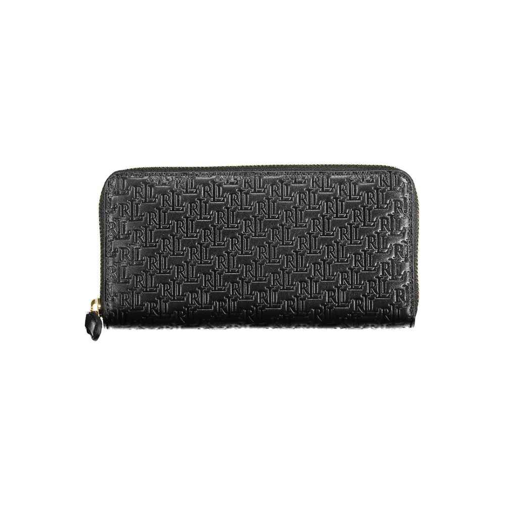 Black zip-around wallet with embossed RL monogram pattern and gold-tone zipper pull