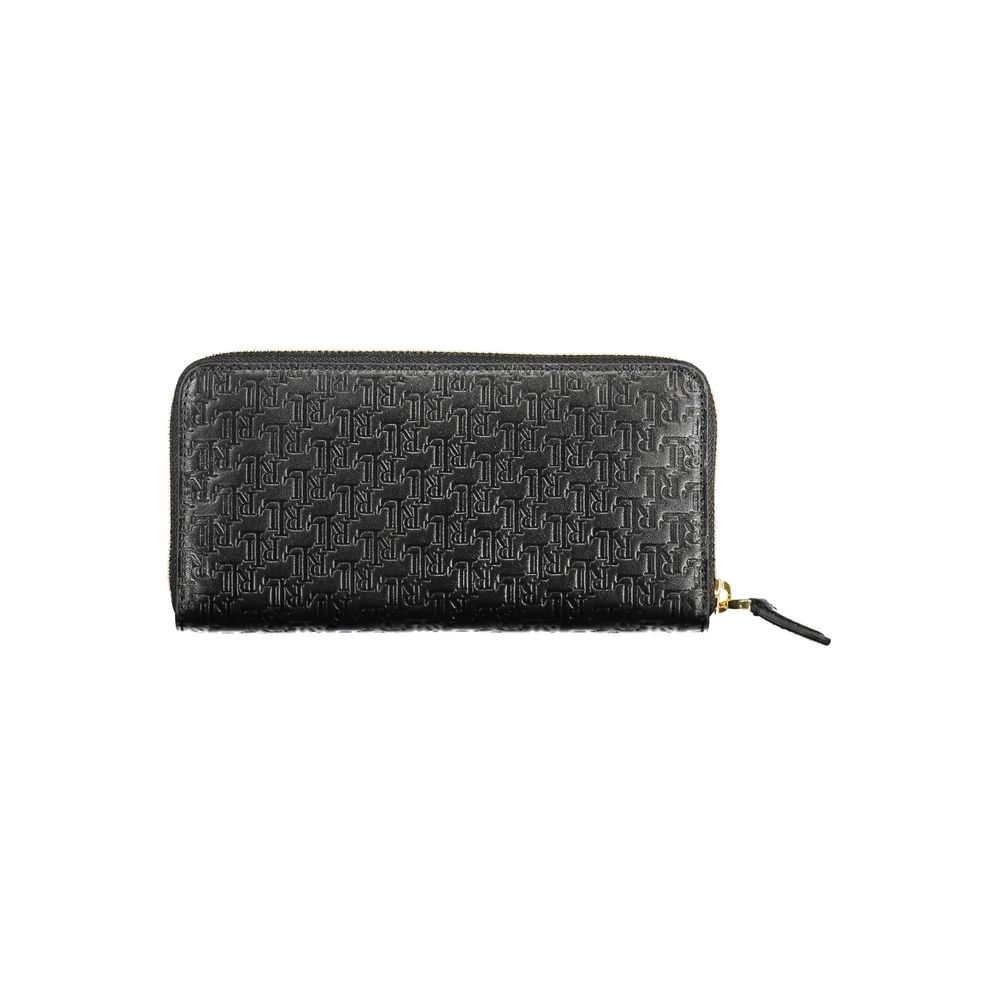 Black leather zip-around wallet with embossed repeating monogram pattern and gold zipper