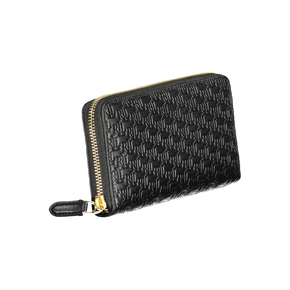 Black embossed leather wallet with gold zipper on white background